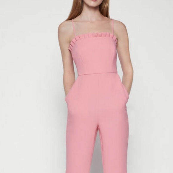 REVOLVE Pants - BCBGeneration Pink Ruffle Square Neck Zip Up Flare Jumpsuit Size 8 NWOT